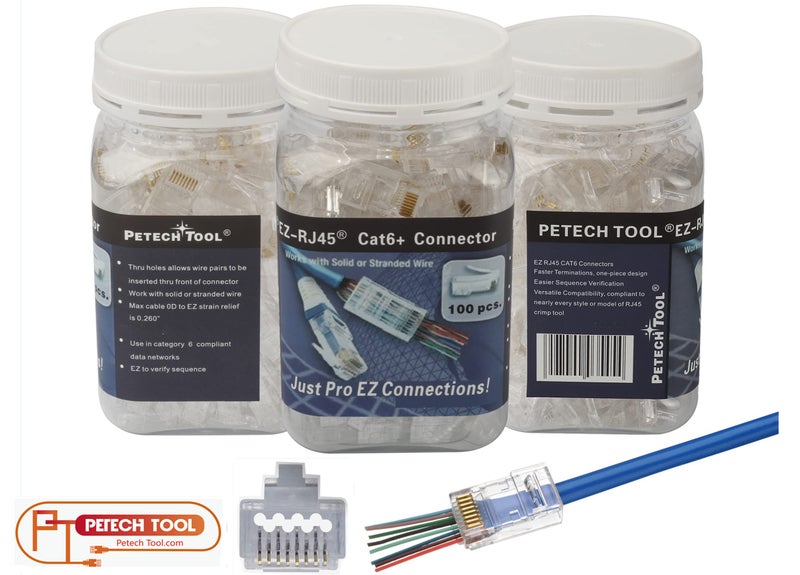 PETECHTOOL 100 Pack RJ45 CAT6A CAT6 Pass Through Connectors 23AWG Cables-End Bold UTP Ethernet 8P8C Gold Plated Modular Plug for Unshielded Twisted Pair Solid Wire Standard Cables - Image 3